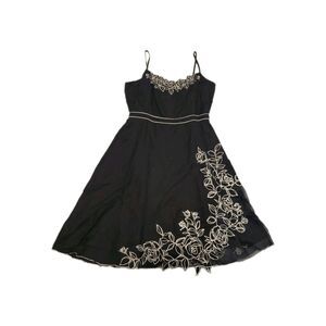 Vintage 90s Midi Dress Womens *14 Floral Embroidered Dark Coquette Fit & Flair